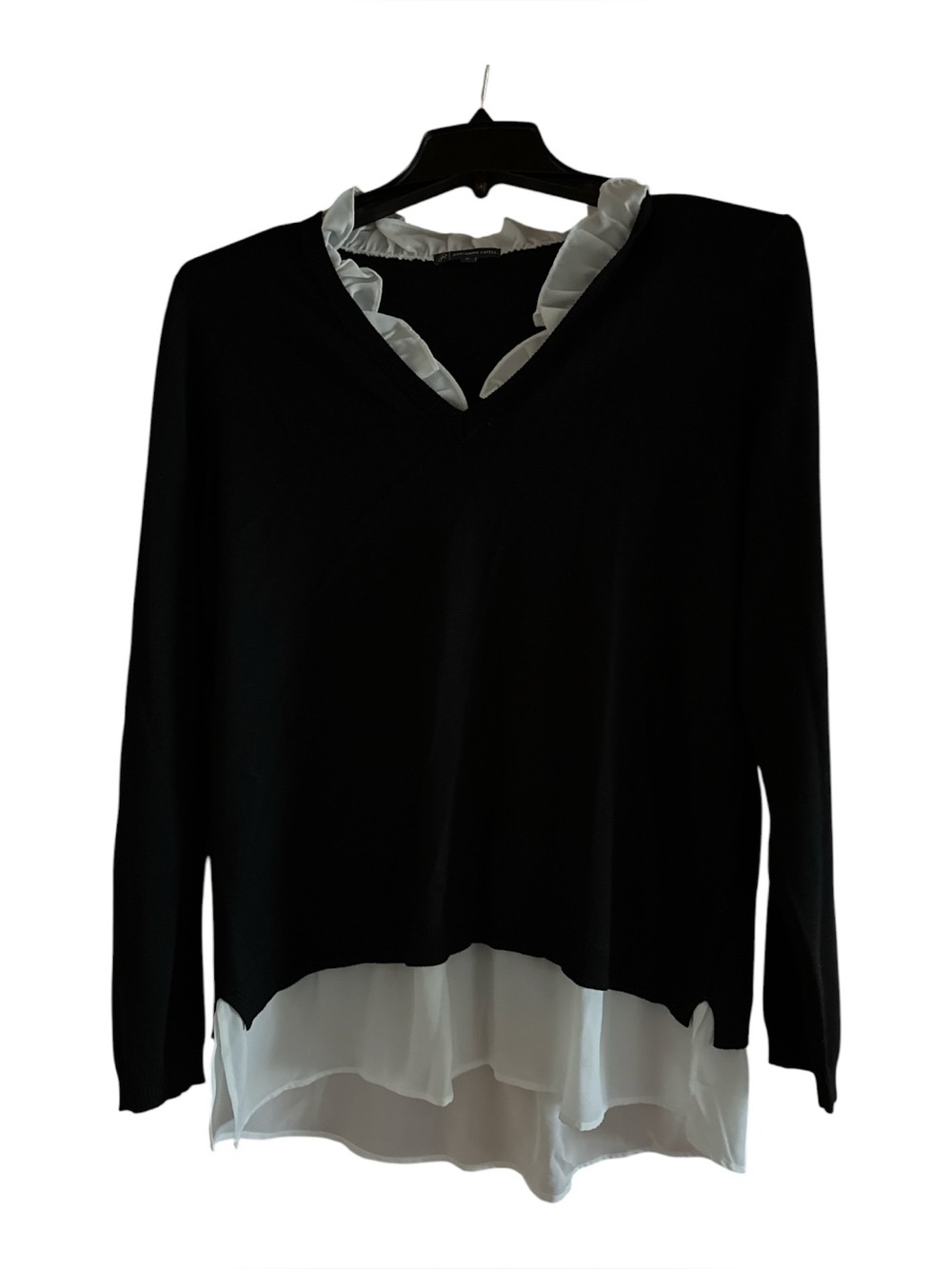 Adrianna‎ Papell Twofer Sweater Black White Ruffle V Neck XL Layered Hem